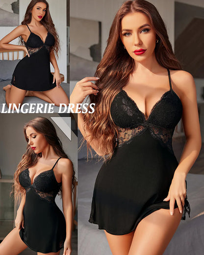 Velosety® Lace Trim Slit Sleep Dress Babydoll Teddy Lingerie