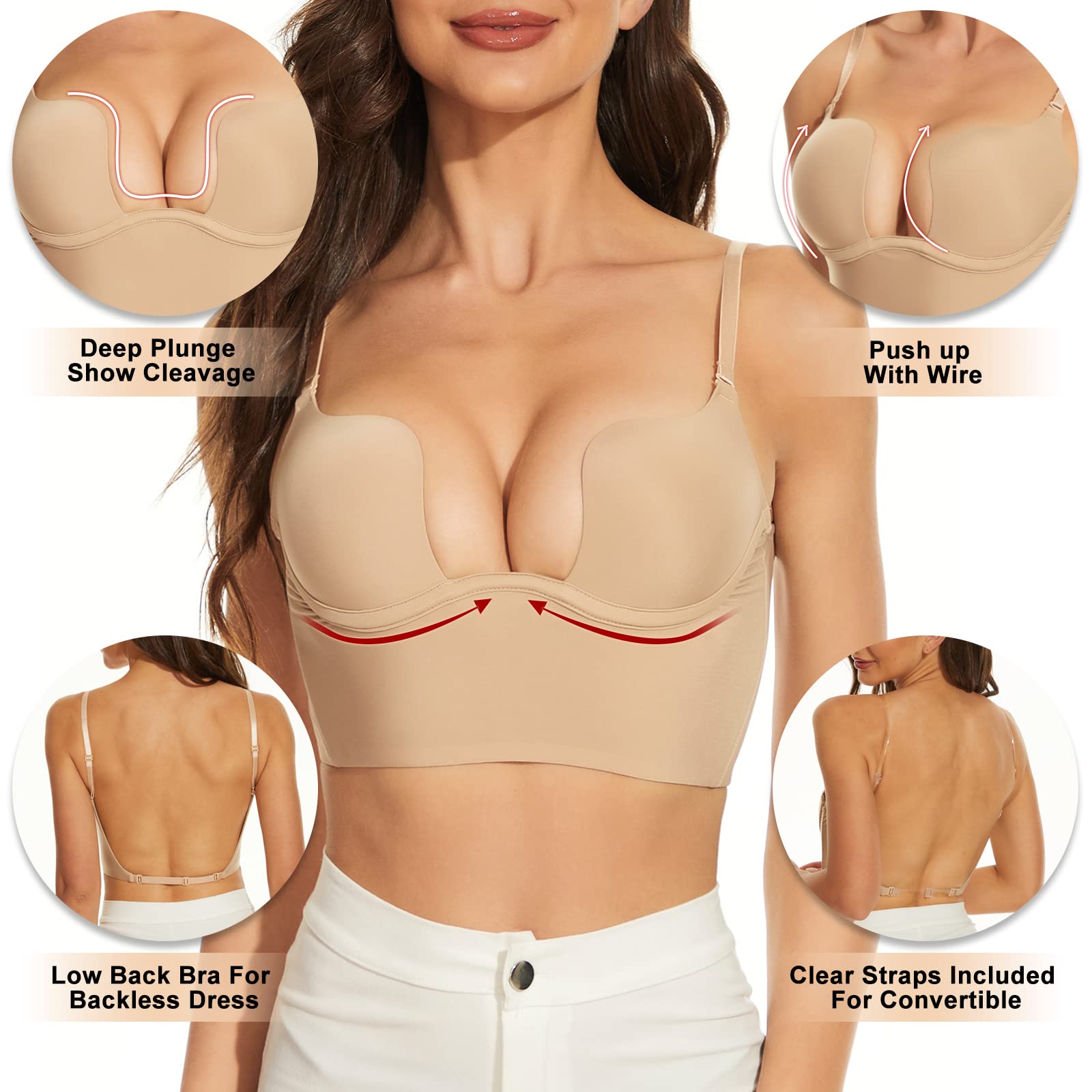  Low Back Secret Plunge Bra - Beige+White (2 Pack)