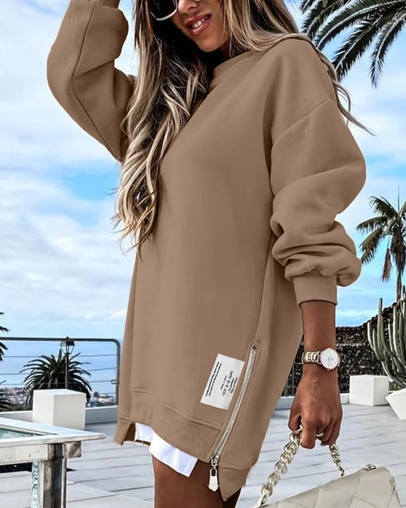 Velosety® Casual Long Sleeve Zipper Slit Oversized Sweatshirt