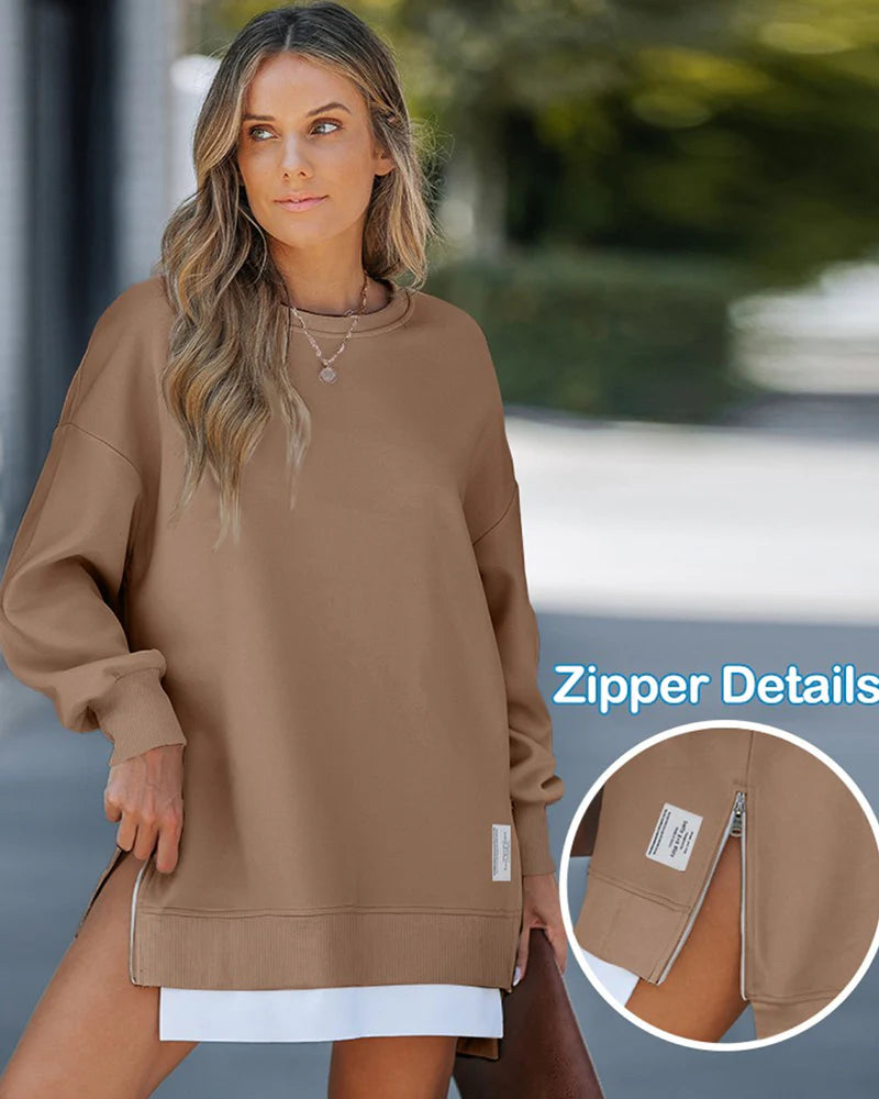 Velosety® Casual Long Sleeve Zipper Slit Oversized Sweatshirt