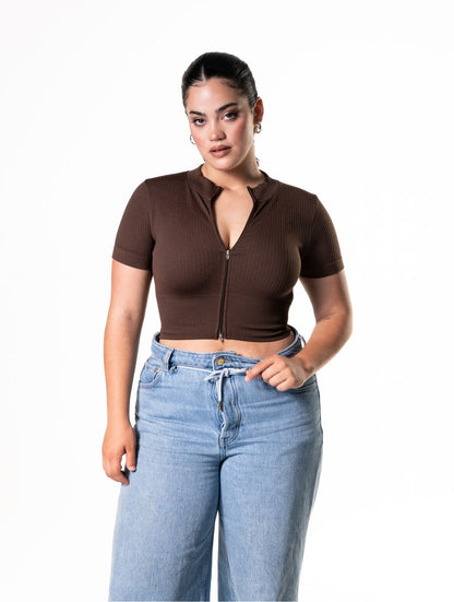 Seamless Ribbed Zip-Front Short Sleeve Crop Top