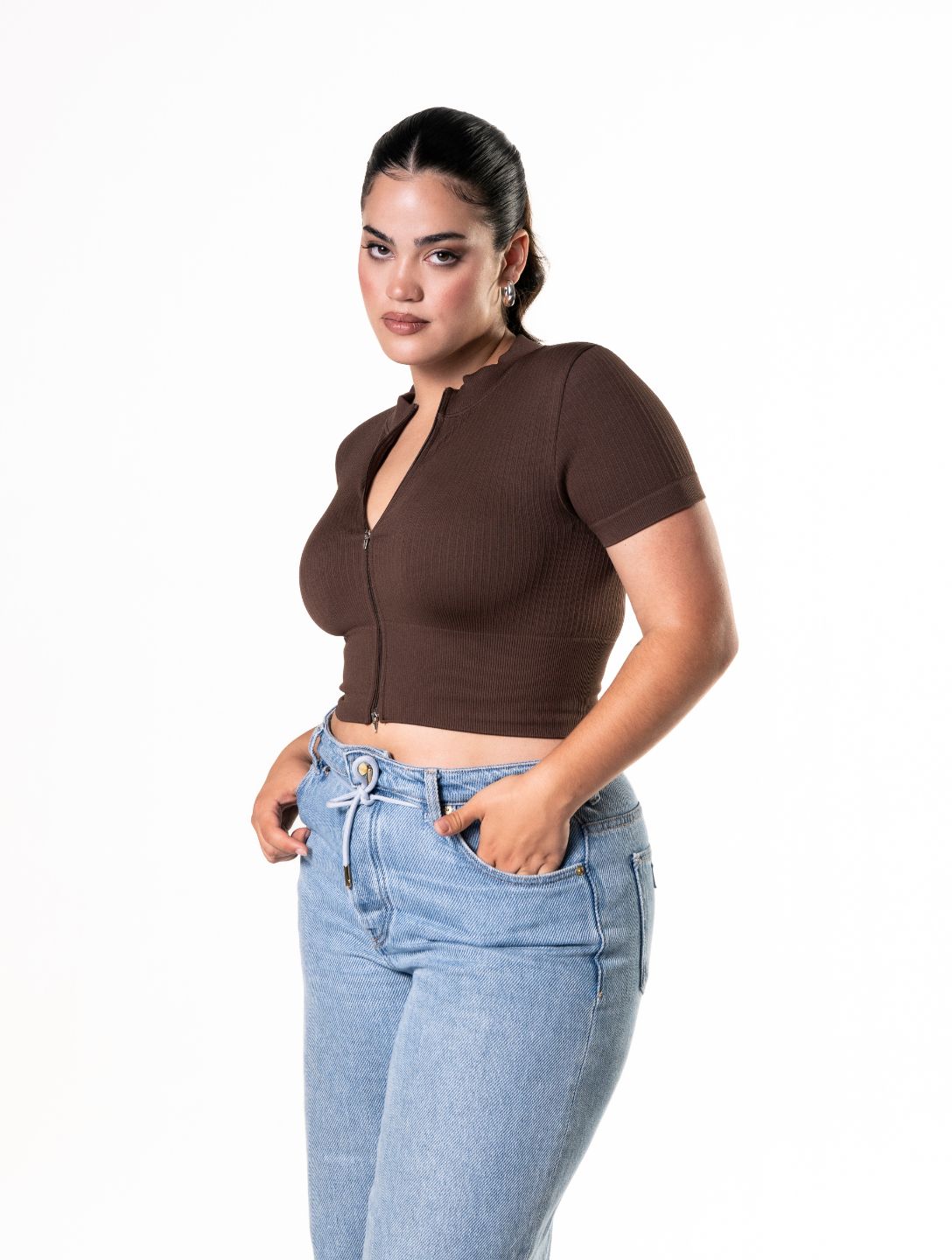 Seamless Ribbed Zip-Front Short Sleeve Crop Top