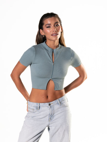 Seamless Ribbed Zip-Front Short Sleeve Crop Top