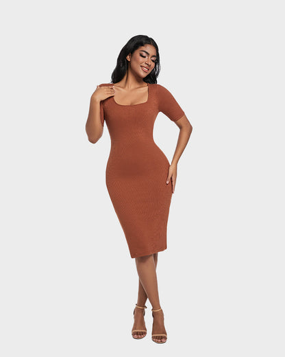 Built-In Shapewear Short Sleeve Square Neck Dress