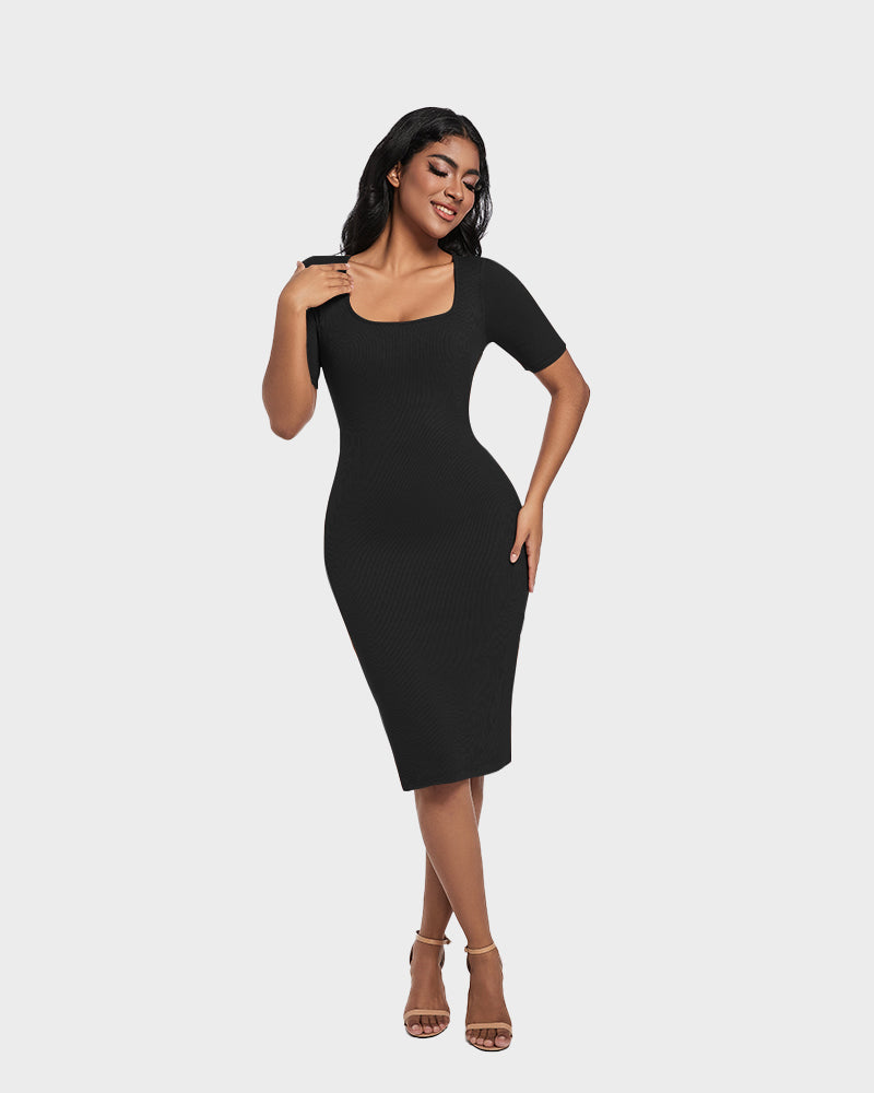 Built-In Shapewear Short Sleeve Square Neck Dress