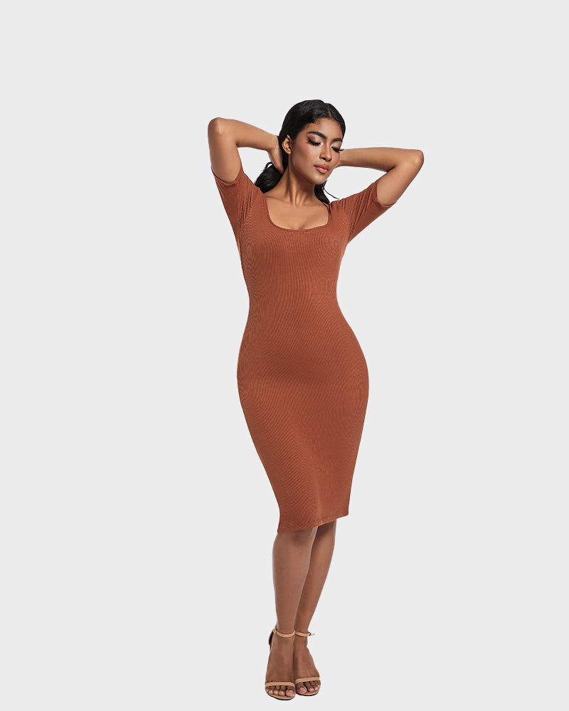 Built-In Shapewear Short Sleeve Square Neck Dress