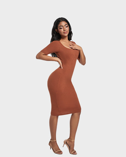 Built-In Shapewear Short Sleeve Square Neck Dress